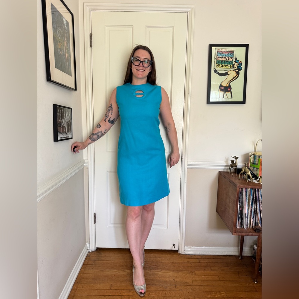 70s Vintage I Magnin Blue Linen A line Dress with Cutout